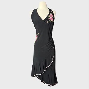 Vintage 90s Black Halter Salsa Dancing Ruffle Dress Rose Embroidery Medium Lg